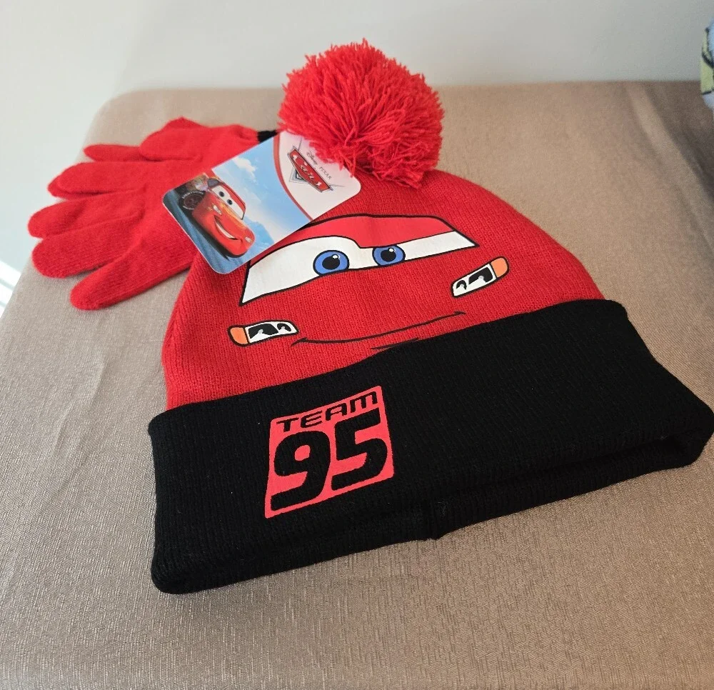 Disney Pixar Cars Lightning McQueen Kids Hat & Gloves Set NWT Team 95 Beanie
